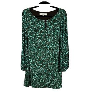 Trina Turk Modest Geometric Long Sleeve Boat Neck Shift Dress Medium Green Brown